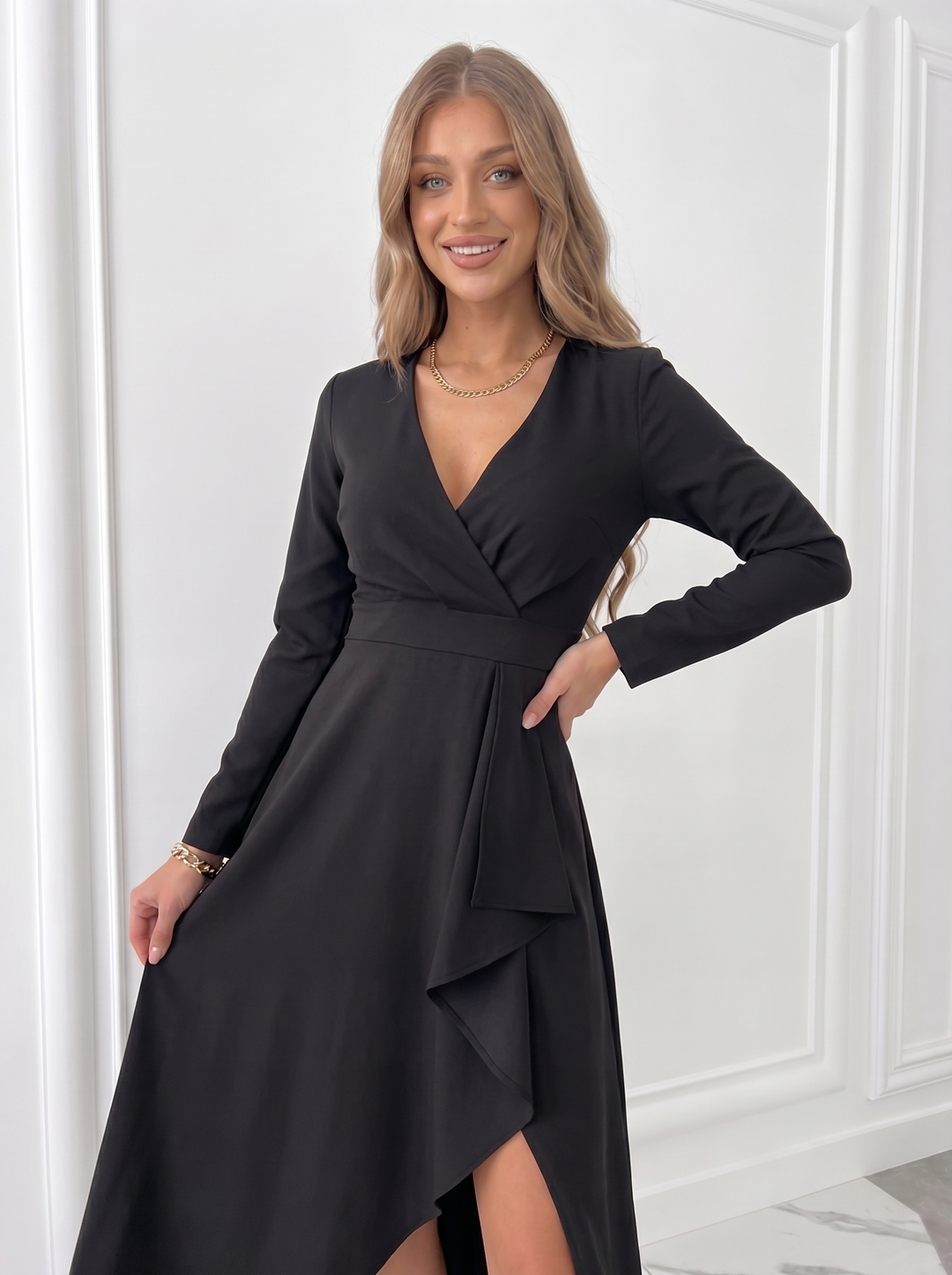 Formal V-neck midi cocktail dress for women. Sleek sheath silhouette for an elegant and sophisticated look.