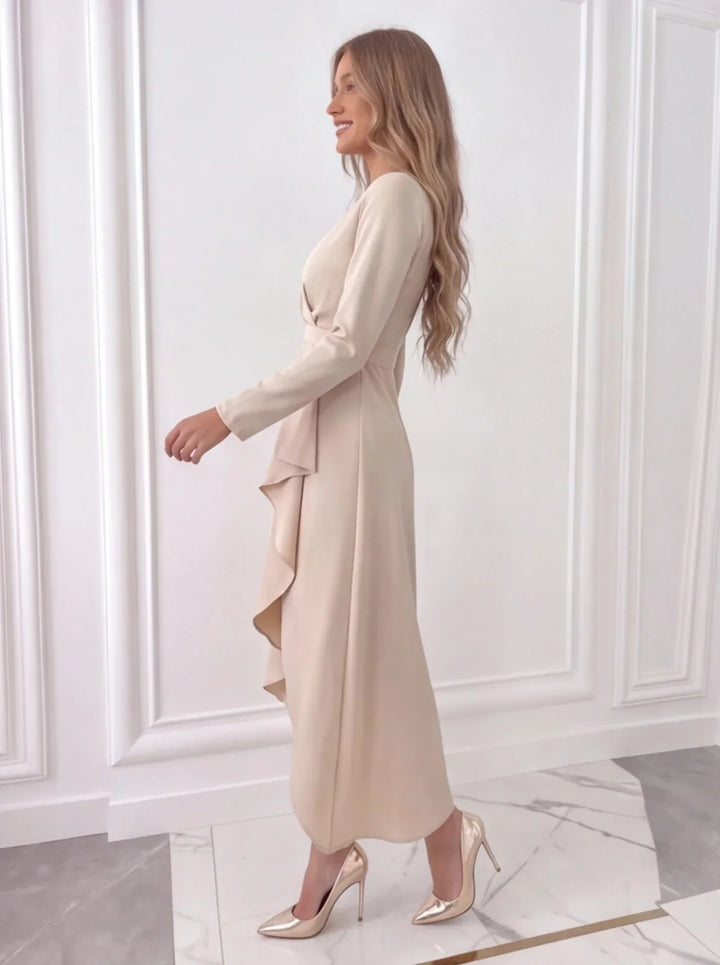 Chic V-neck midi sheath dress for women. Ideal cocktail party wear with an elegant, sophisticated style.