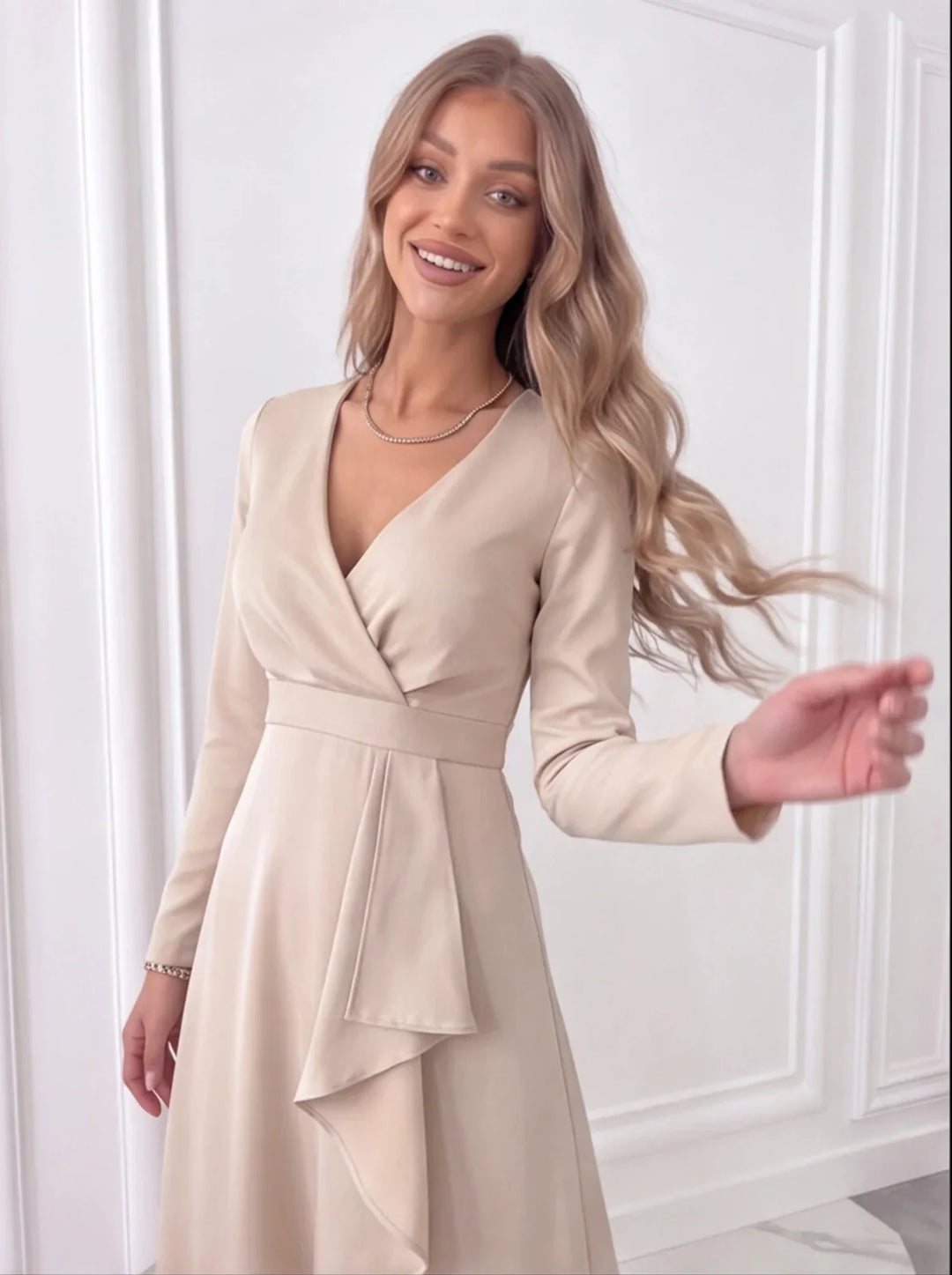 Women's formal V-neck sheath midi dress. A classic and elegant choice for evening events & special occasions.