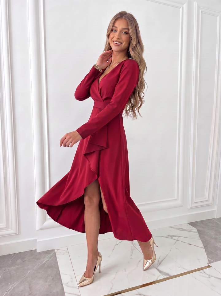 Sophisticated women's V-neck sheath midi dress, perfect as a cocktail or evening gown. Elegant formal wear.