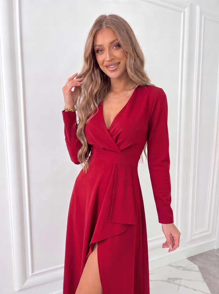 Classic V-neck midi sheath cocktail dress for women. Tailored fit for a sleek, elegant party or formal look.