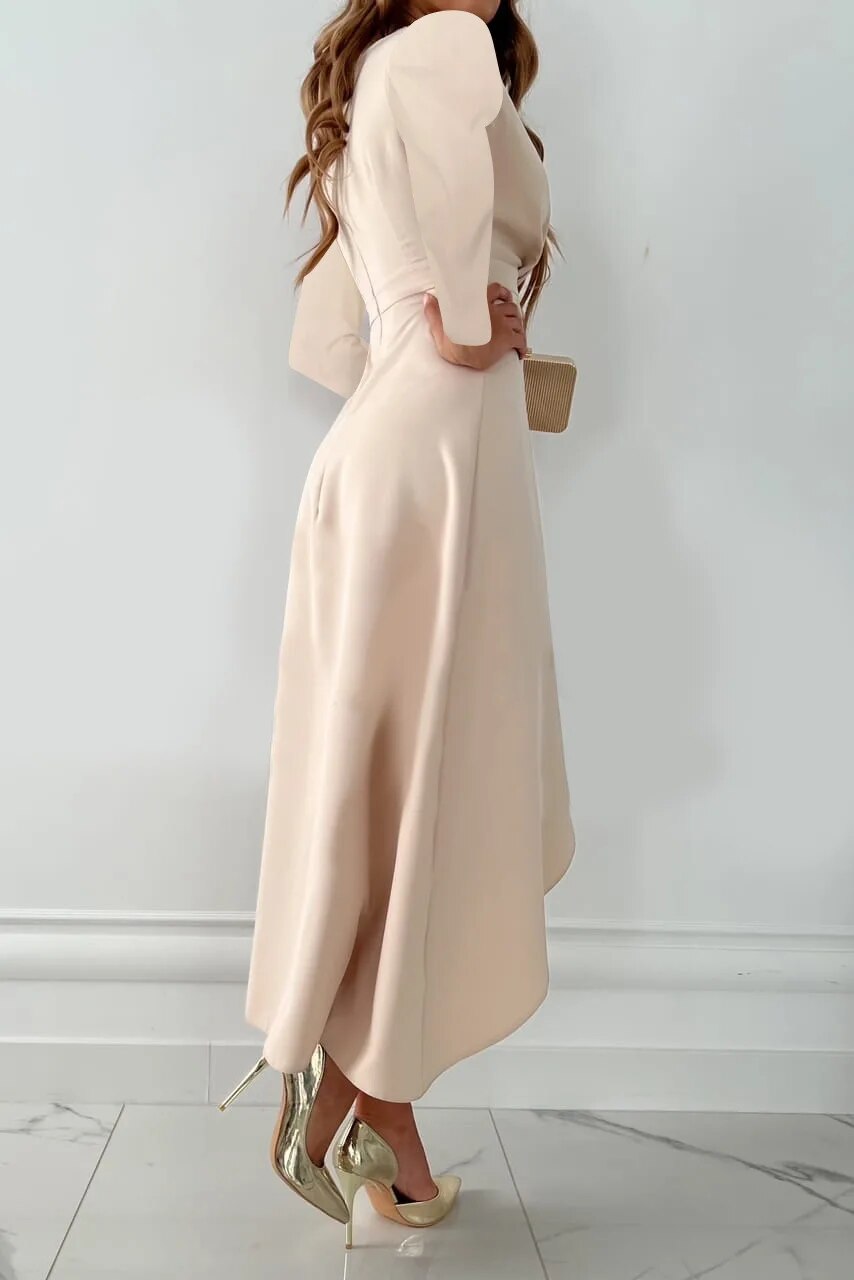 Chic women's V-neck sheath midi dress, featuring a flattering fit and an elegant leg slit. Versatile for occasions.