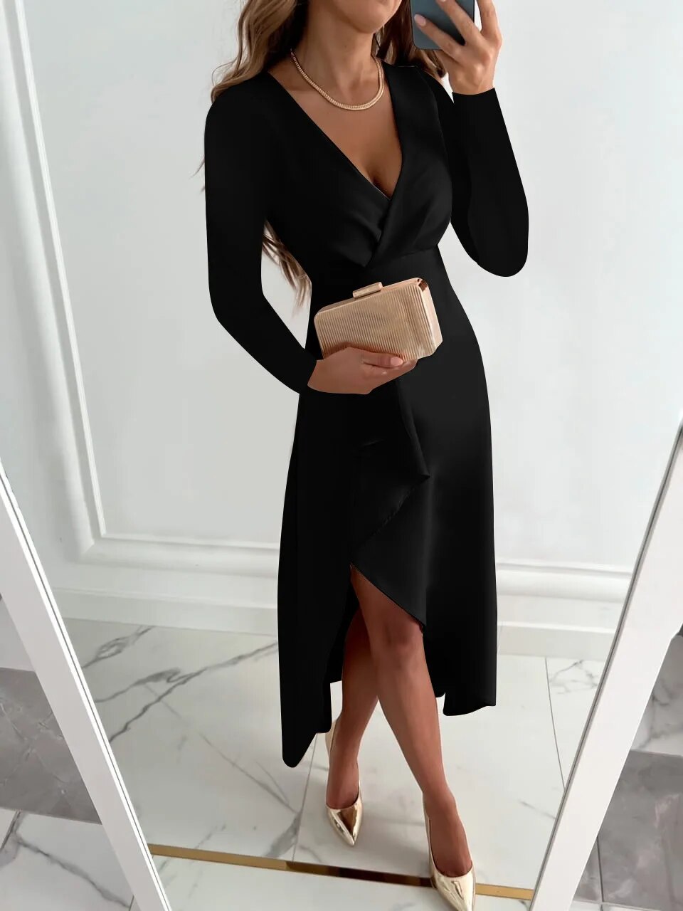 Sophisticated women's V-neck midi sheath dress with a sleek design and tasteful slit. Ideal for elegant summer events.