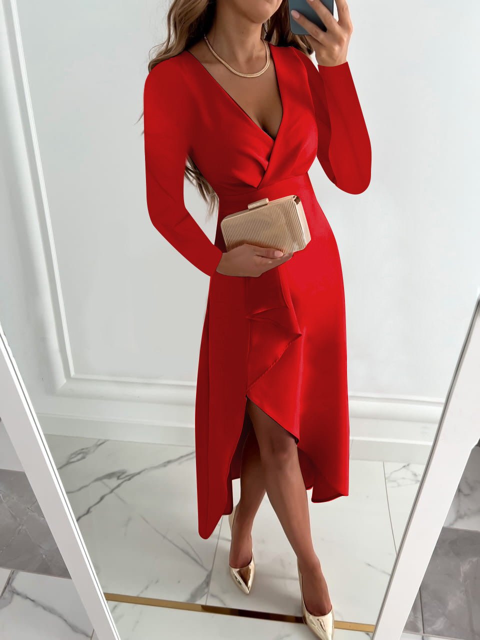 Stylish women's V-neck sheath midi dress with a front slit, perfect for elegant occasions or versatile summer wear.