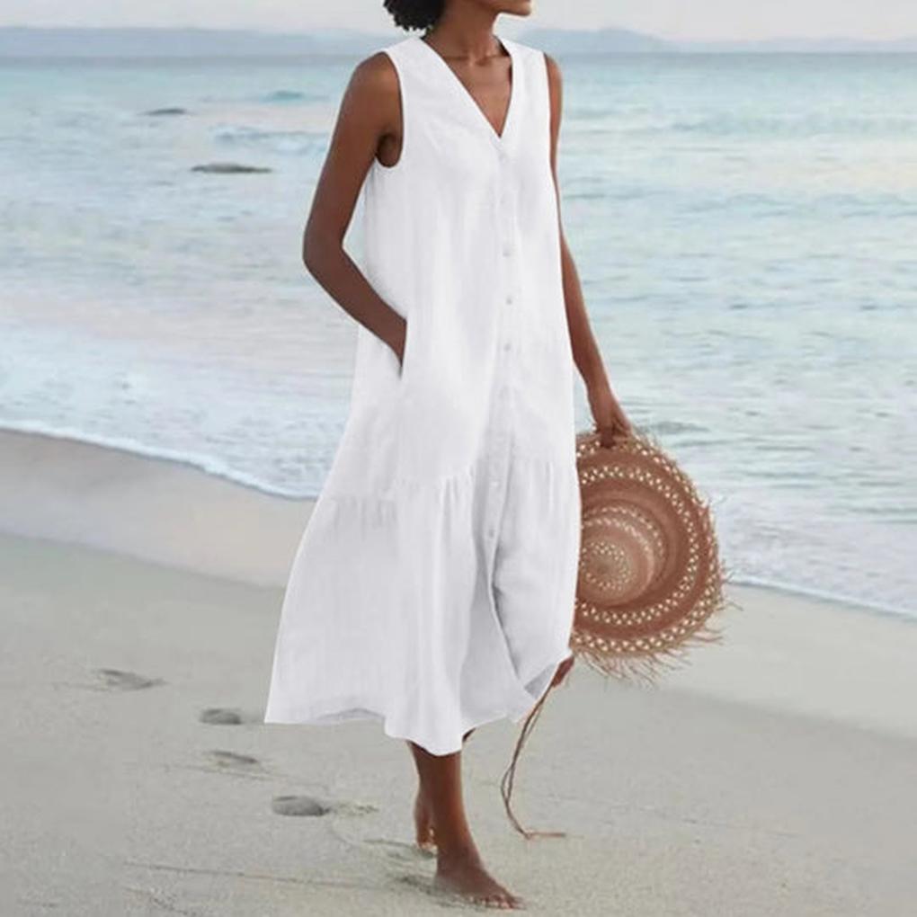 Elegant women's V-neck sleeveless midi dress, perfect for versatile summer fashion and everyday wear.