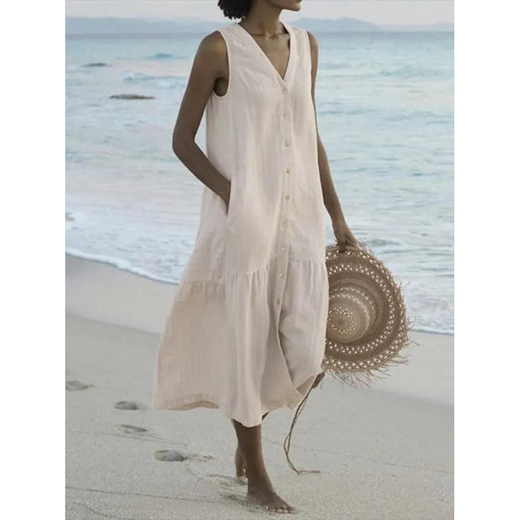 Flowing V-neck sleeveless dress for women, an elegant and versatile choice for casual or party occasions.