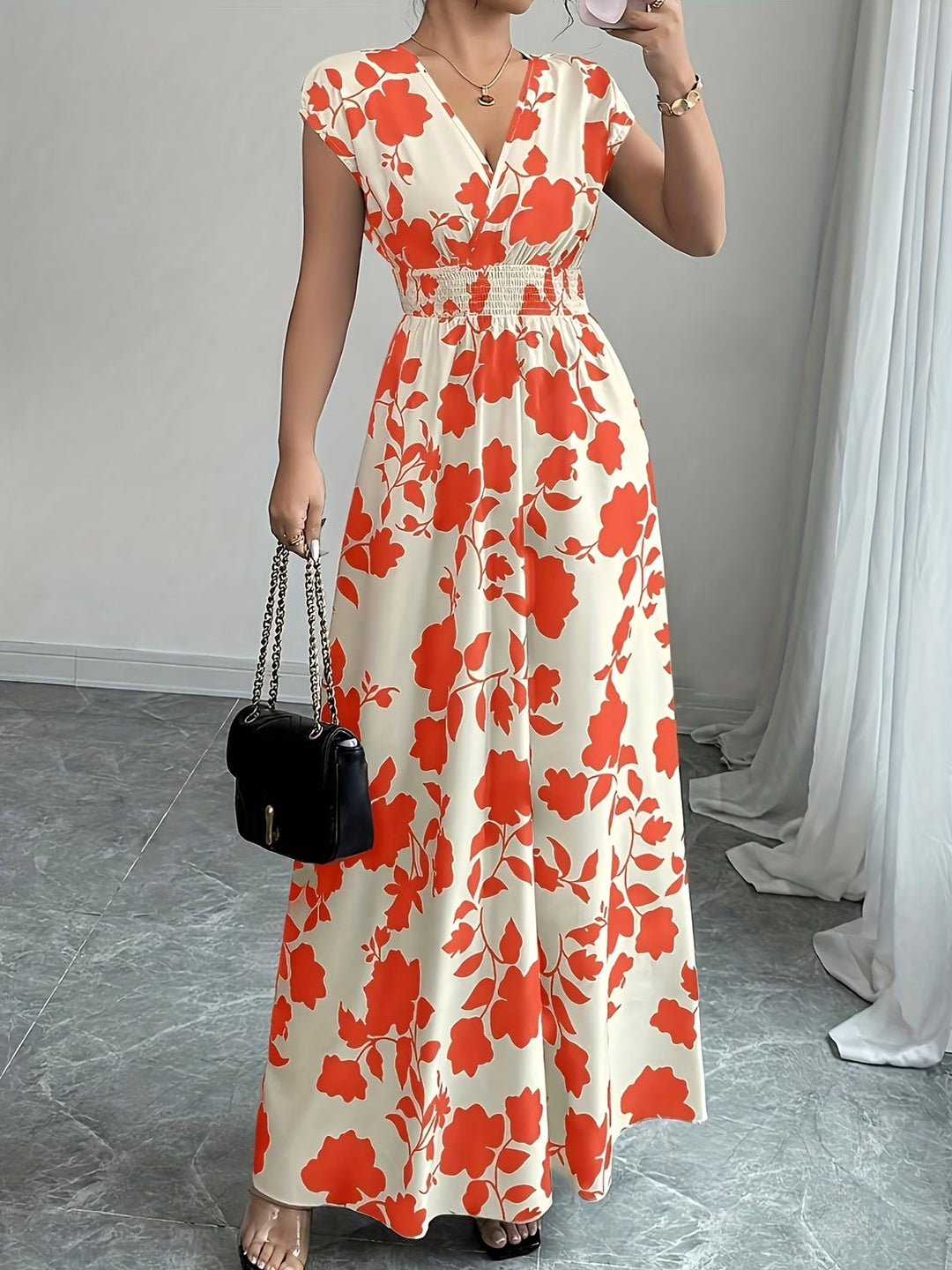 Flowy V-neck sleeveless summer midi dress for women. Comfortable & chic for warm weather.