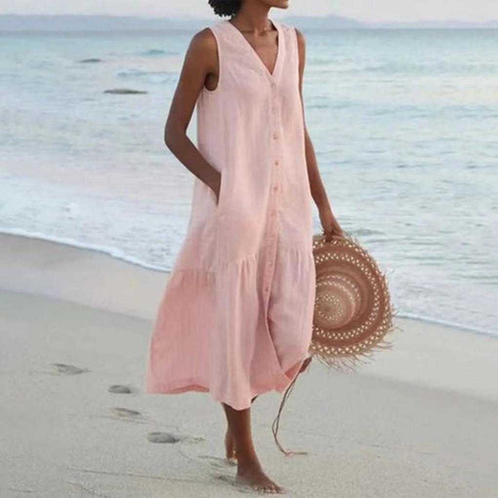 Stylish women's summer V-neck midi dress, sleeveless and comfortable for elegant casual wear.