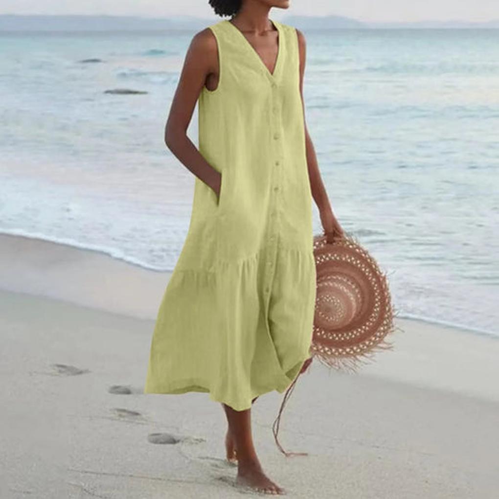 Chic sleeveless V-neck midi dress for women, ideal for a refined summer look or versatile party outfit.