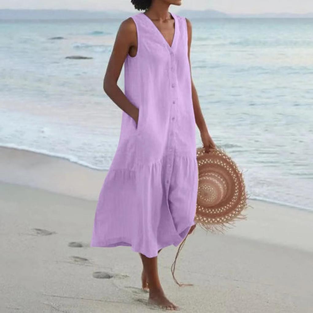 Sophisticated V-neck sleeveless dress for women, a comfortable and elegant midi perfect for any occasion.