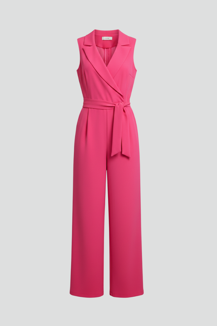 Elegant women's V-Neck sleeveless tie-waist jumpsuit. Chic one-piece for summer fashion & evening wear.