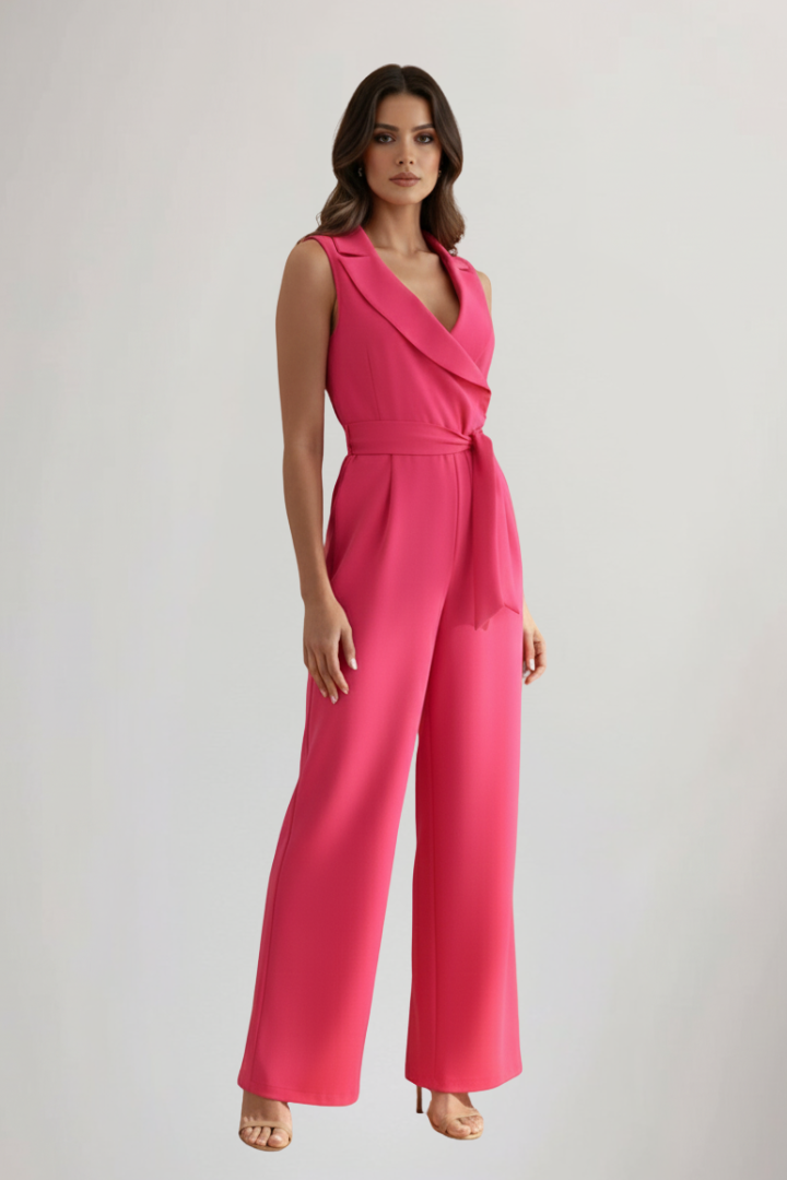 Women's V-Neck sleeveless tie-waist jumpsuit in a wide-leg style. Ideal for summer fashion & elegant occasions.