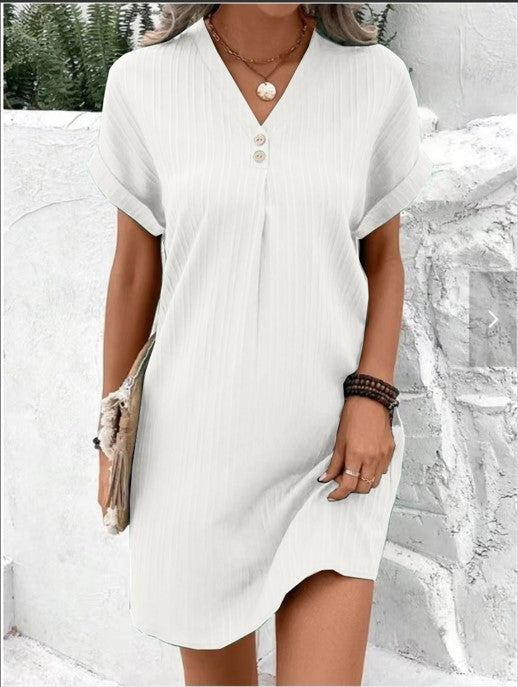 Versatile women's elegant V-neck summer dress, offering comfort & style for holidays, everyday dress, or casual outings.