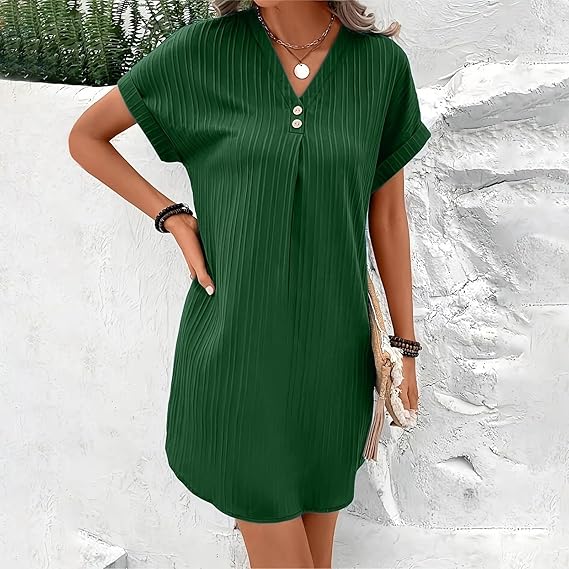 Comfortable women's elegant V-neck summer dress with stylish button detail, ideal for casual and everyday fashion.