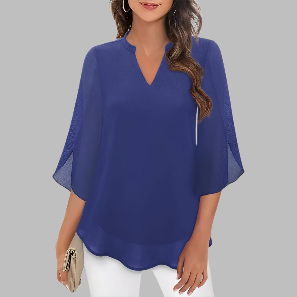 Elegant women's V-neck summer top with delicate petal sleeves, perfect for casual or dressed-up wear.