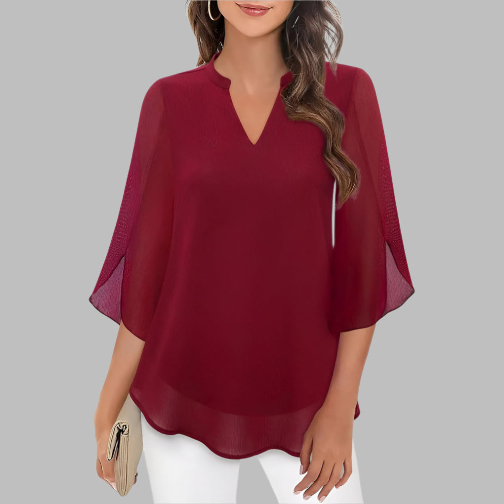 Chic women's V-neck summer blouse with elegant petal sleeves. Lightweight & breathable, perfect for spring casual.