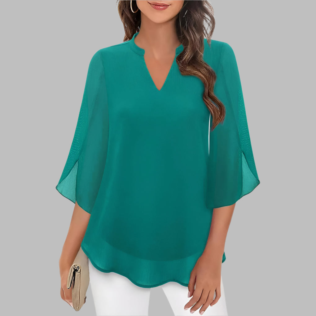 New elegant women's V-neck summer top, featuring stylish petal sleeves. Breathable and comfortable for spring fashion.