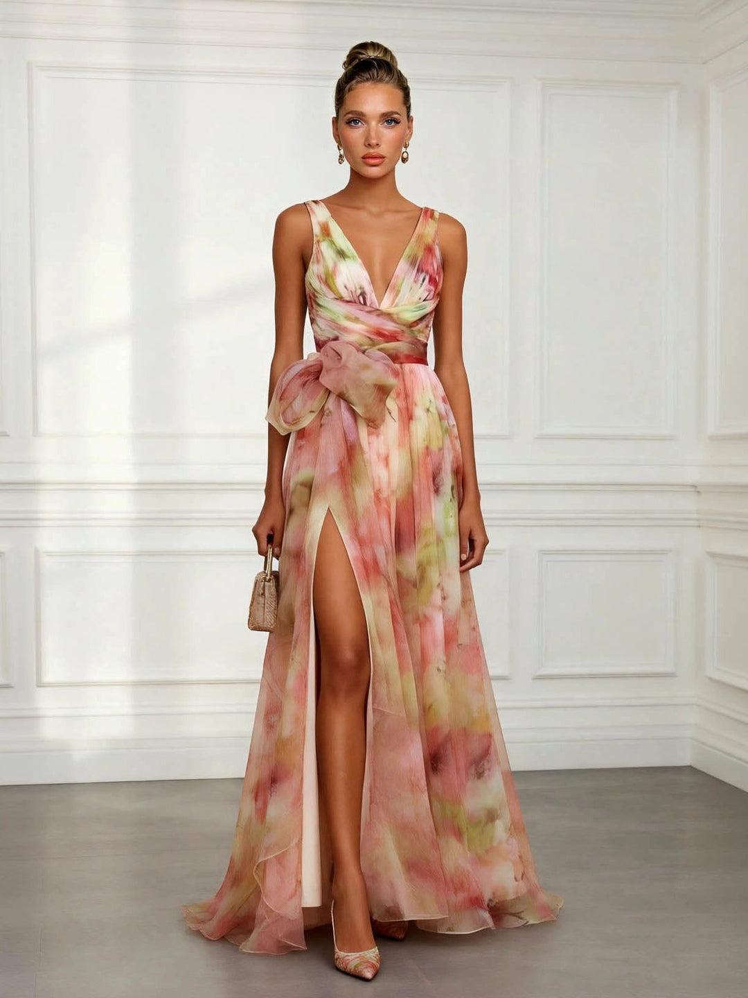 Elegant women's V-neck tie-waist maxi dress with floral pattern, perfect for wedding guests & special occasions.