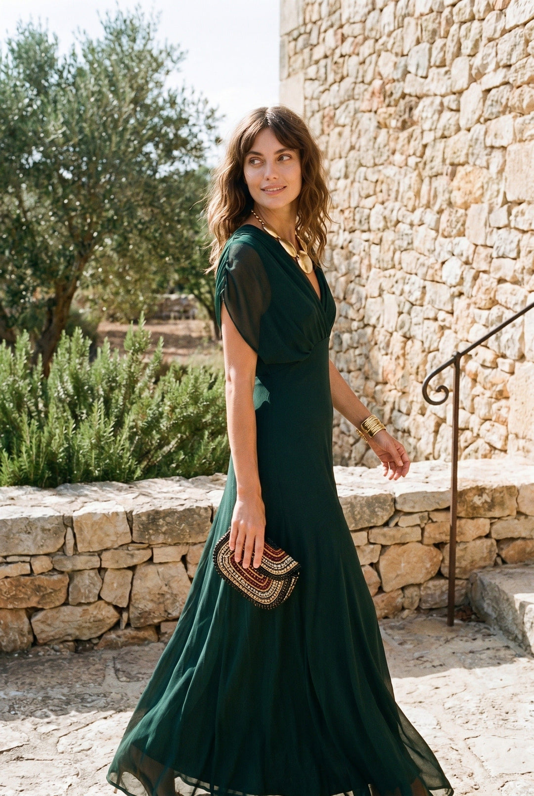 Elegant women's V-neck wrap maxi dress with sheer sleeves, perfect for formal occasions & parties.