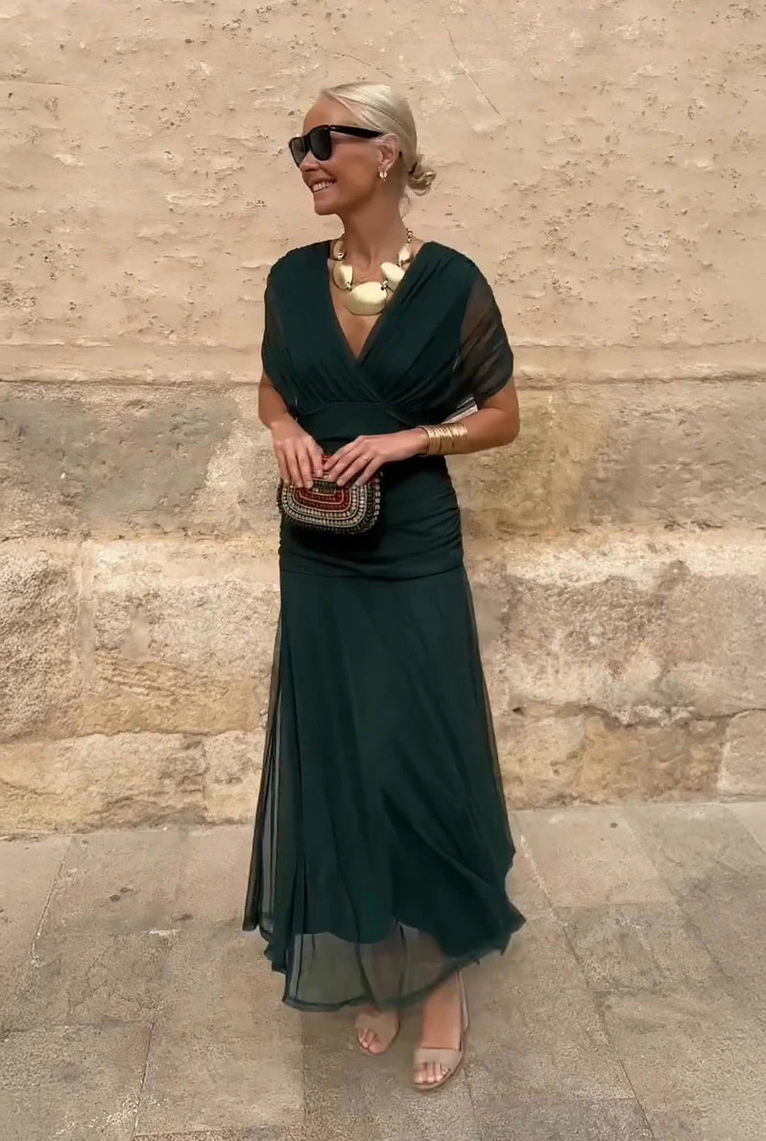 Flowy V-neck wrap maxi dress for women, with elegant sheer sleeves. A chic long dress for spring, summer & autumn events.