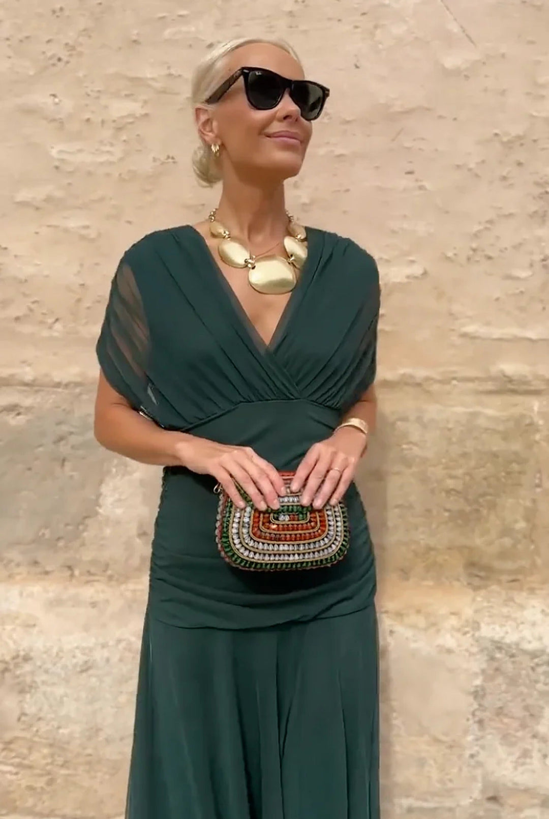 Lightweight women's V-neck wrap maxi dress with sheer sleeves, an elegant choice for summer parties and spring events.