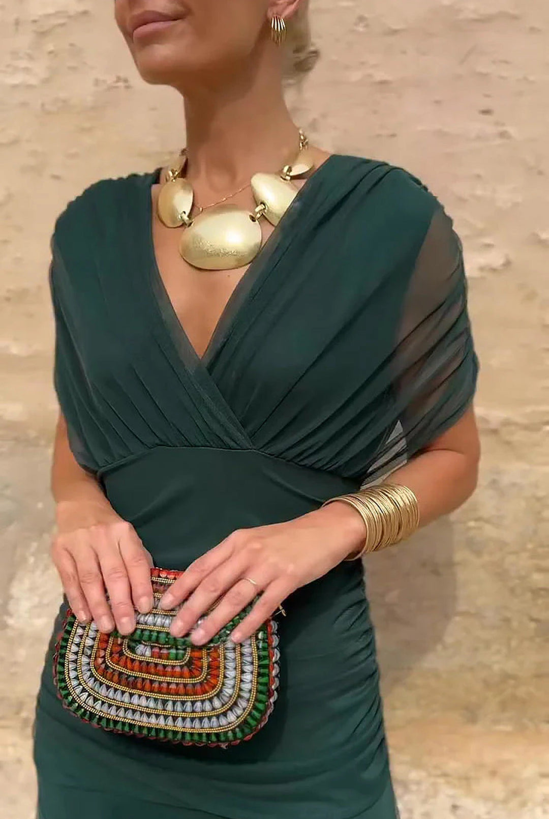 Chic women's V-neck wrap maxi dress with sheer sleeves, an elegant long dress for autumn evenings & formal events.