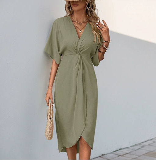 Elegant women's V-neck wrap midi dress, flattering and comfortable for chic style. Perfect occasion wear.