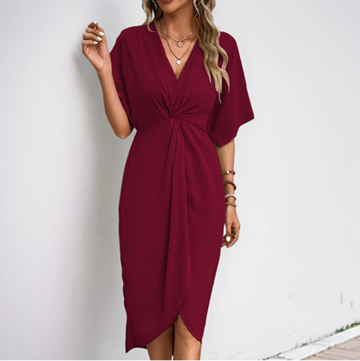 Sophisticated long sleeve V-neck wrap dress for women, versatile and chic, ideal for any elegant occasion.