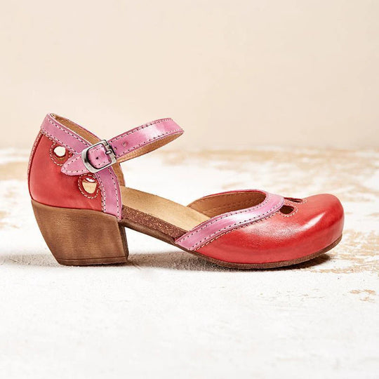 Chic women's Verona Retro low heel sandals featuring an elegant buckle strap, perfect for stylish summer outfits.