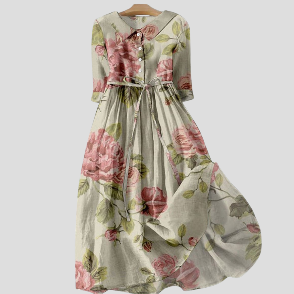 Elegant women's vintage botanical print lapel midi dress with long sleeves, perfect for fall or spring daywear.