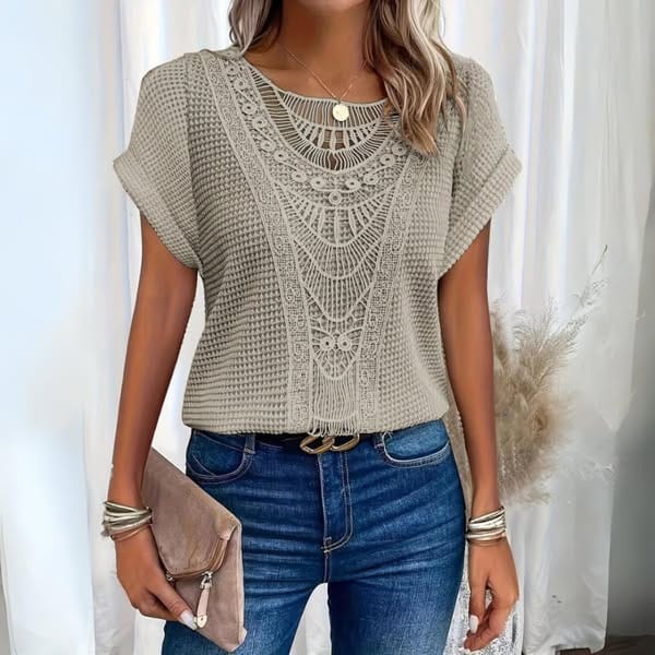 Front view of a chic women's vintage lace top, offering comfort and classic style for summer.