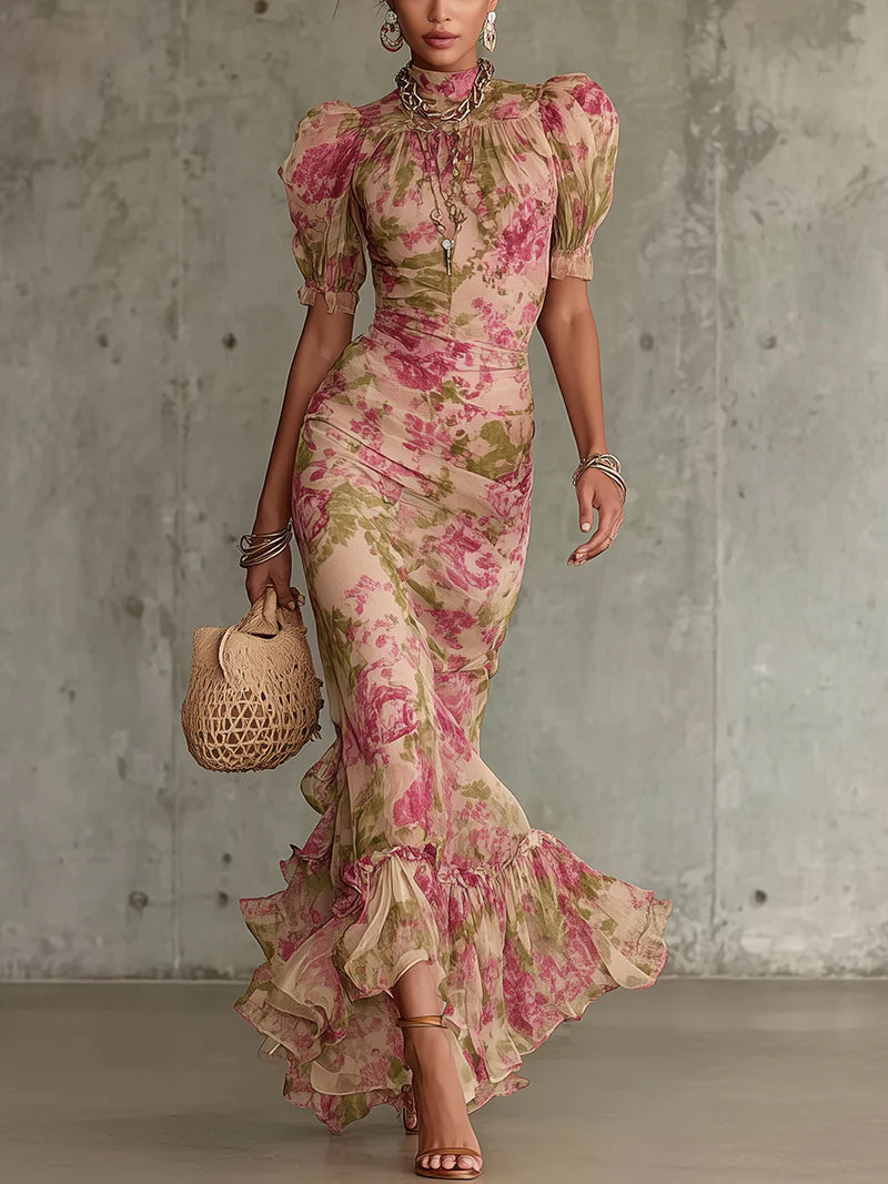 Elegant women's vintage rose print ruffled maxi dress with puff sleeves, perfect for spring/summer parties.