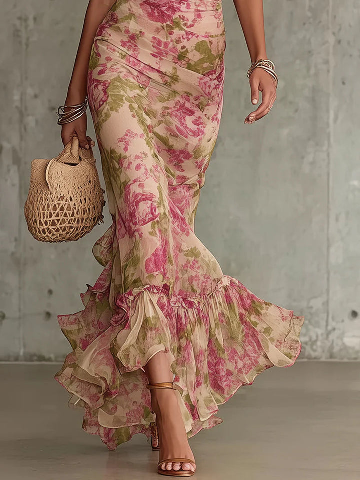 Stylish women's vintage rose print maxi dress with delicate ruffles and puff sleeves for a classic summer look.