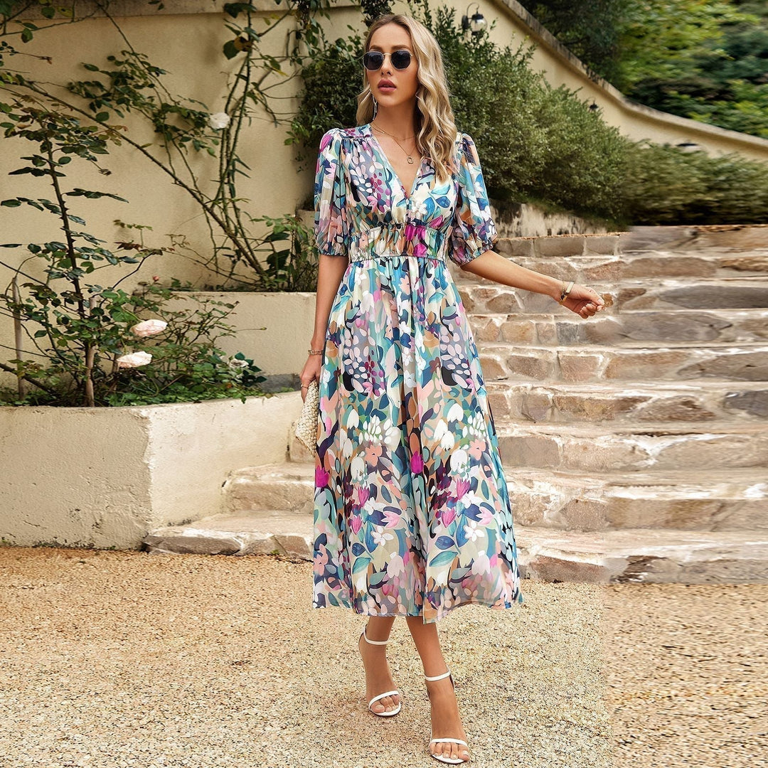 Feminine women's elegant midi dress with charming vintage style. Retro design for timeless spring/summer fashion.