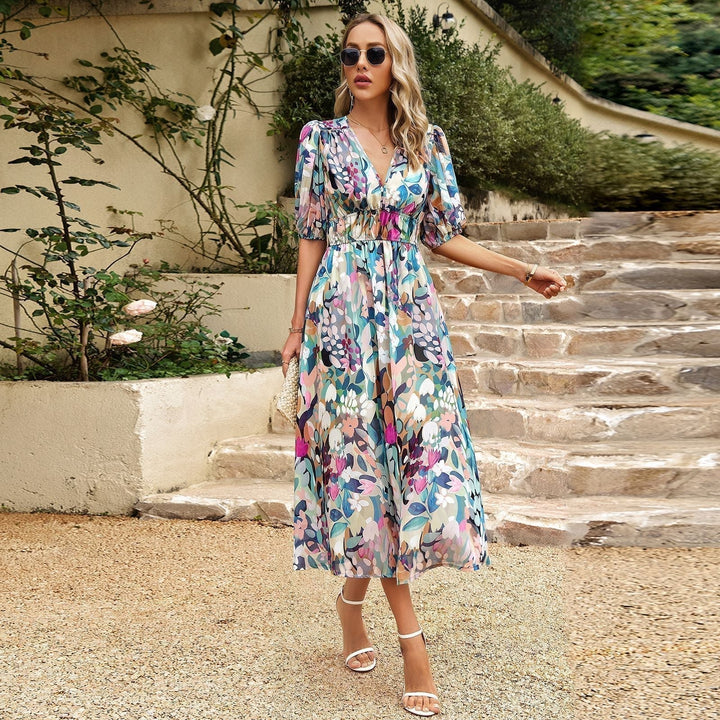 Feminine women's elegant midi dress with charming vintage style. Retro design for timeless spring/summer fashion.