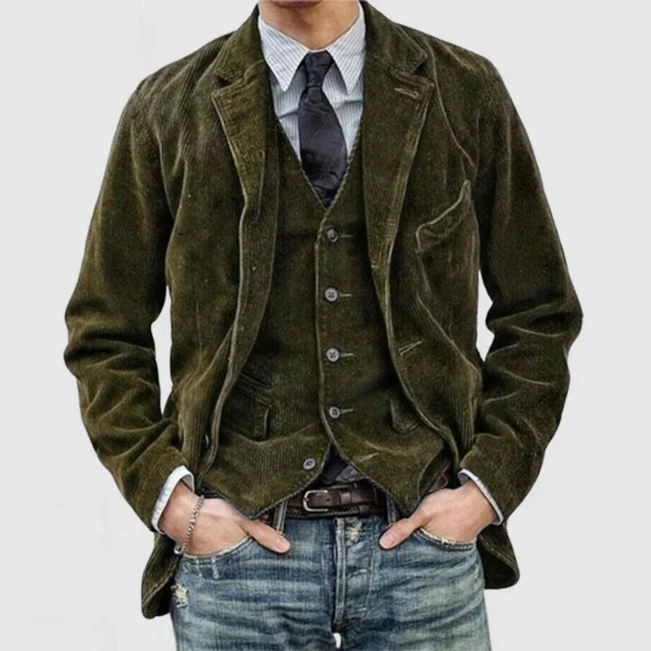 Classic women's tailored blazer with matching vintage vest, forming an elegant and professional suit set.
