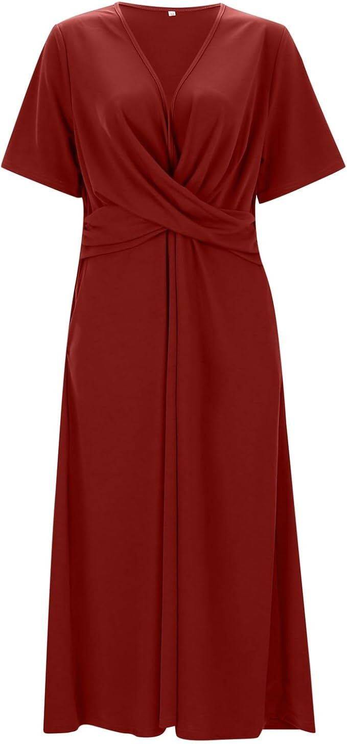 Elegant women's vintage V-neck short sleeve midi dress. Classic style for timeless fashion, perfect for casual or formal wear.