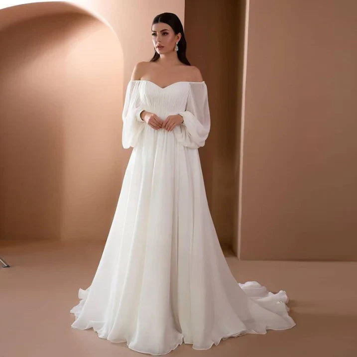 Elegant women's violet long sleeve formal bridal dress. Perfect wedding gown, bridesmaid, or evening special occasion dress.