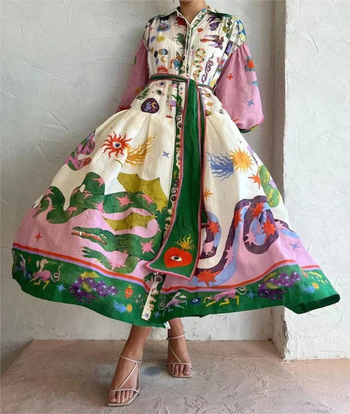 Statement women's elegant volume maxi dress. Vibrant multicolor pattern, comfortable flowy design for any occasion.