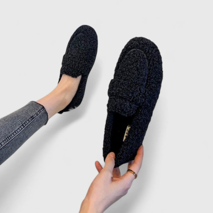 Luxurious women's warm loafer slippers, elegant and comfortable house shoes for everyday cozy relaxation.