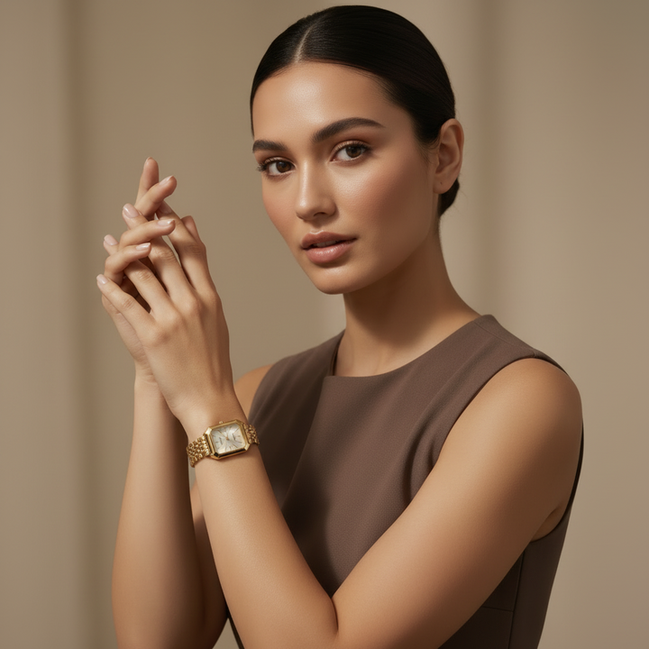 Fashionable women's watch featuring a sophisticated geometric dial and sleek chain strap. A versatile, modern accessory.