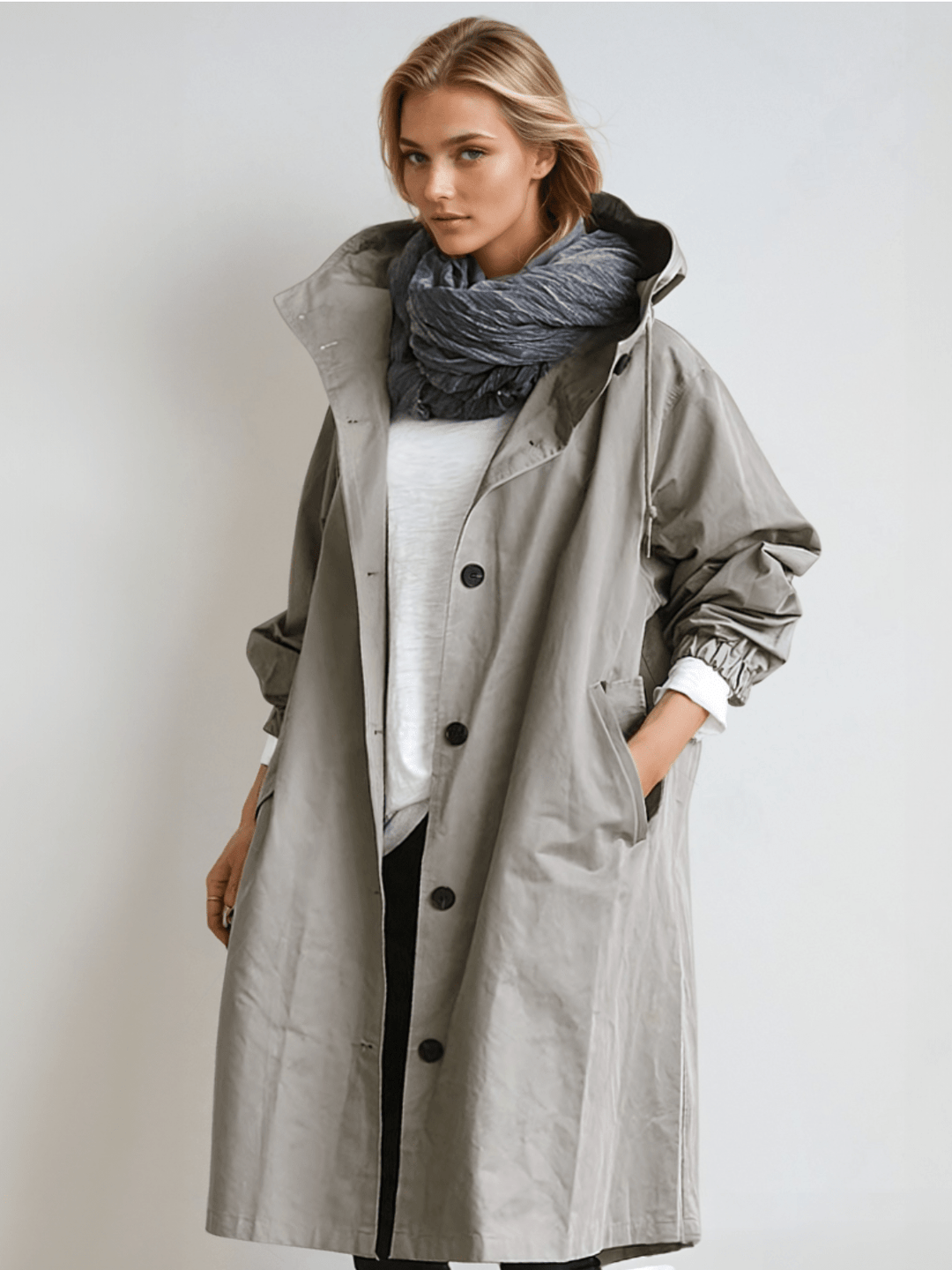 Elegant women's water-repellent trench coat, perfect for all-season wear. Classic, chic outerwear for versatile styling.