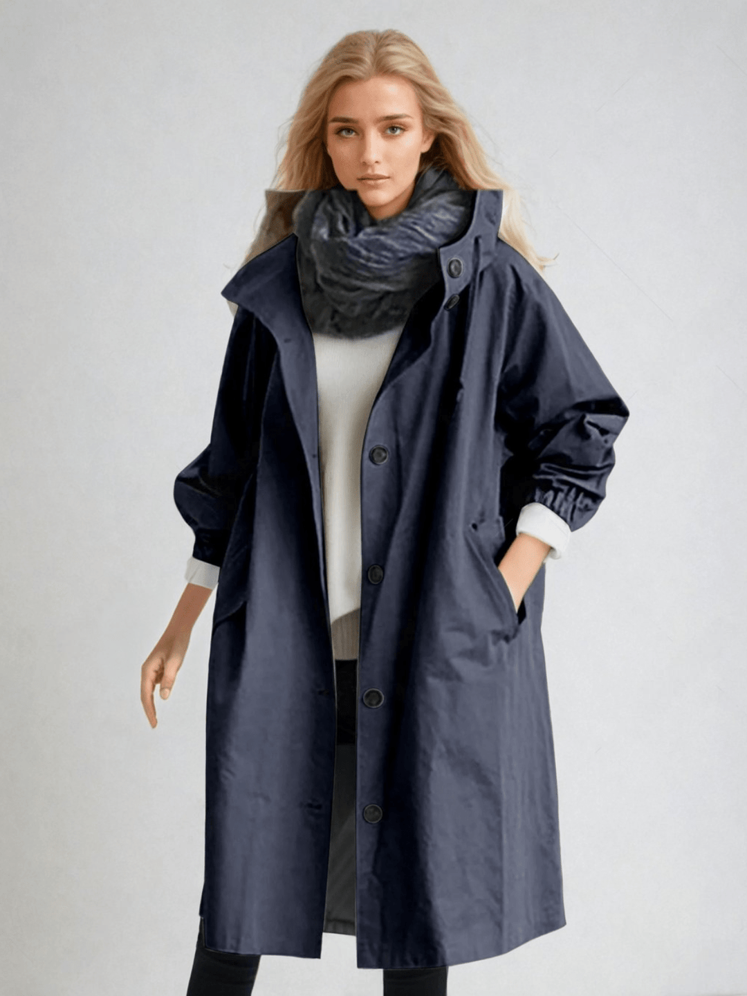 Chic women's transitional trench coat. Water-repellent design offers classic elegance for spring & autumn outerwear.