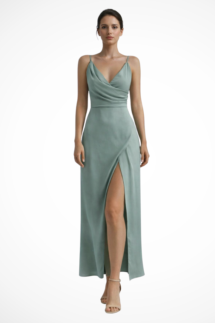 Luxurious wedding guest maxi dress for women, with a flowing draped cowl neck and high slit, ideal for evening parties.