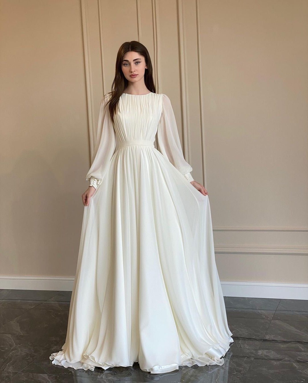 Flowing elegant long sleeve maxi dress for women, a sophisticated option for formal parties & wedding attendance.