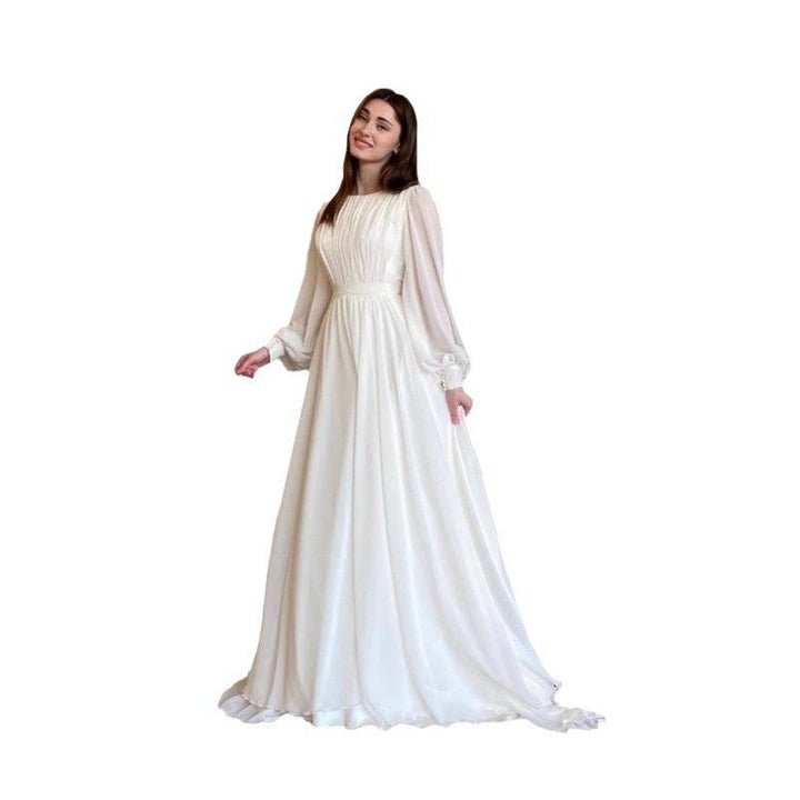 Beautiful women's long sleeve maxi dress, an elegant formal gown designed for wedding guests & evening events.