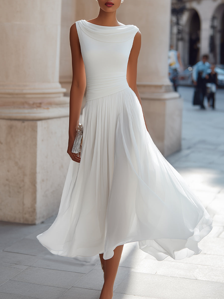 Elegant women's wedding guest midi dress with a chic draped boat neck, perfect for special occasions.