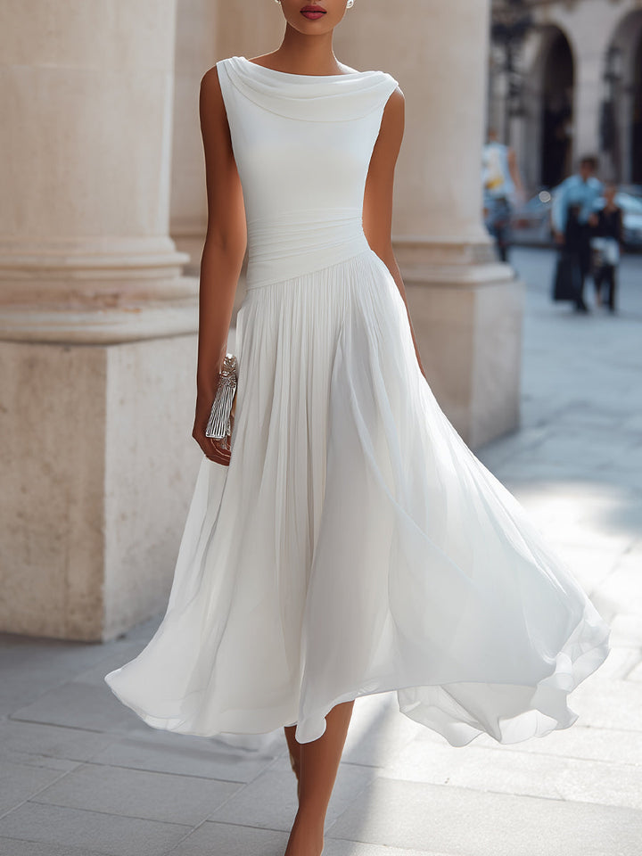 Elegant women's wedding guest midi dress with a chic draped boat neck, perfect for special occasions.