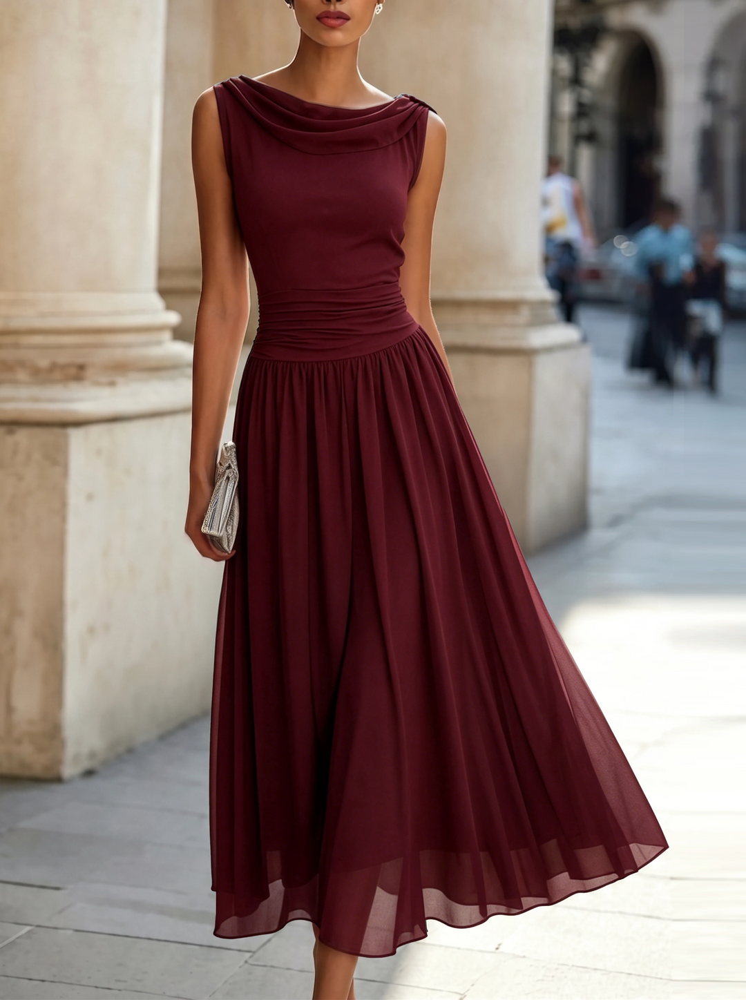 Flattering women's midi dress, designed for wedding guests, featuring an elegant draped boat neck and chic style.