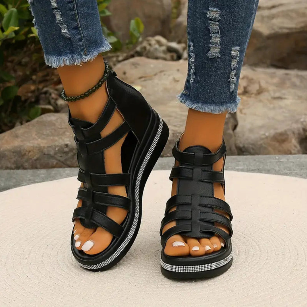 Women's summer wedge sandals with elegant rhinestone straps, offering comfort and style.